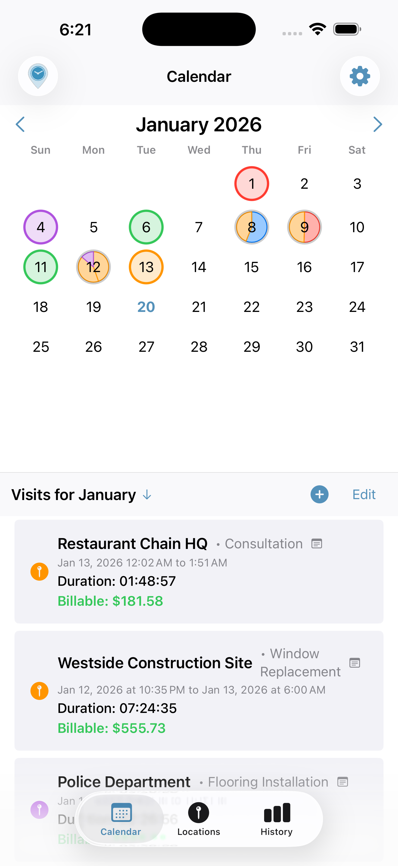 Job Site Tracker location management screen showing job sites and locations