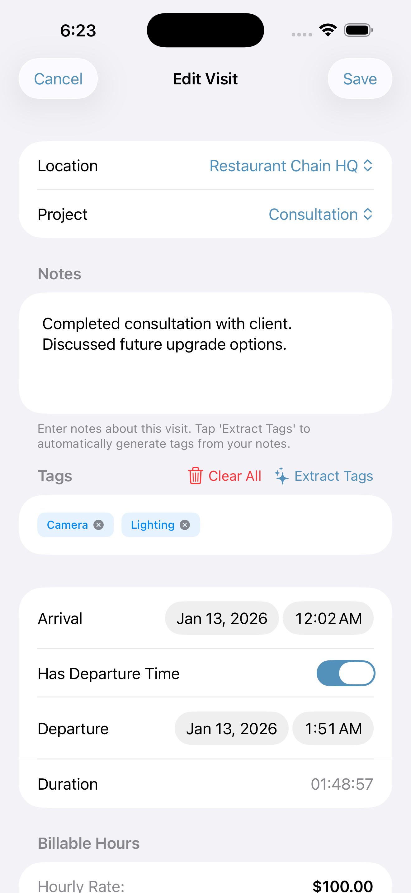 Job Site Tracker billing and reports screen showing billable hours and reports