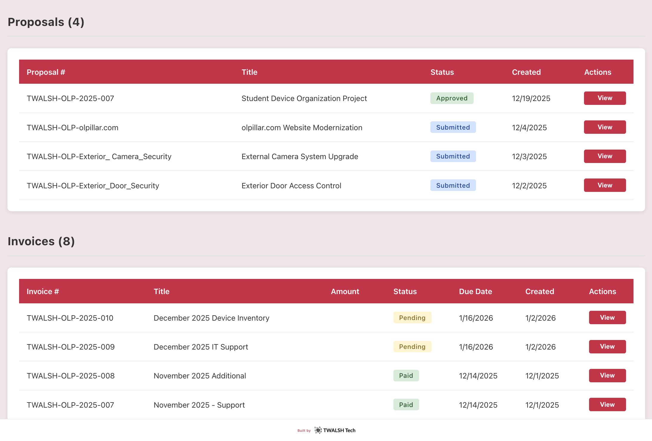 Client Portal dashboard showing proposals and invoices with status tracking