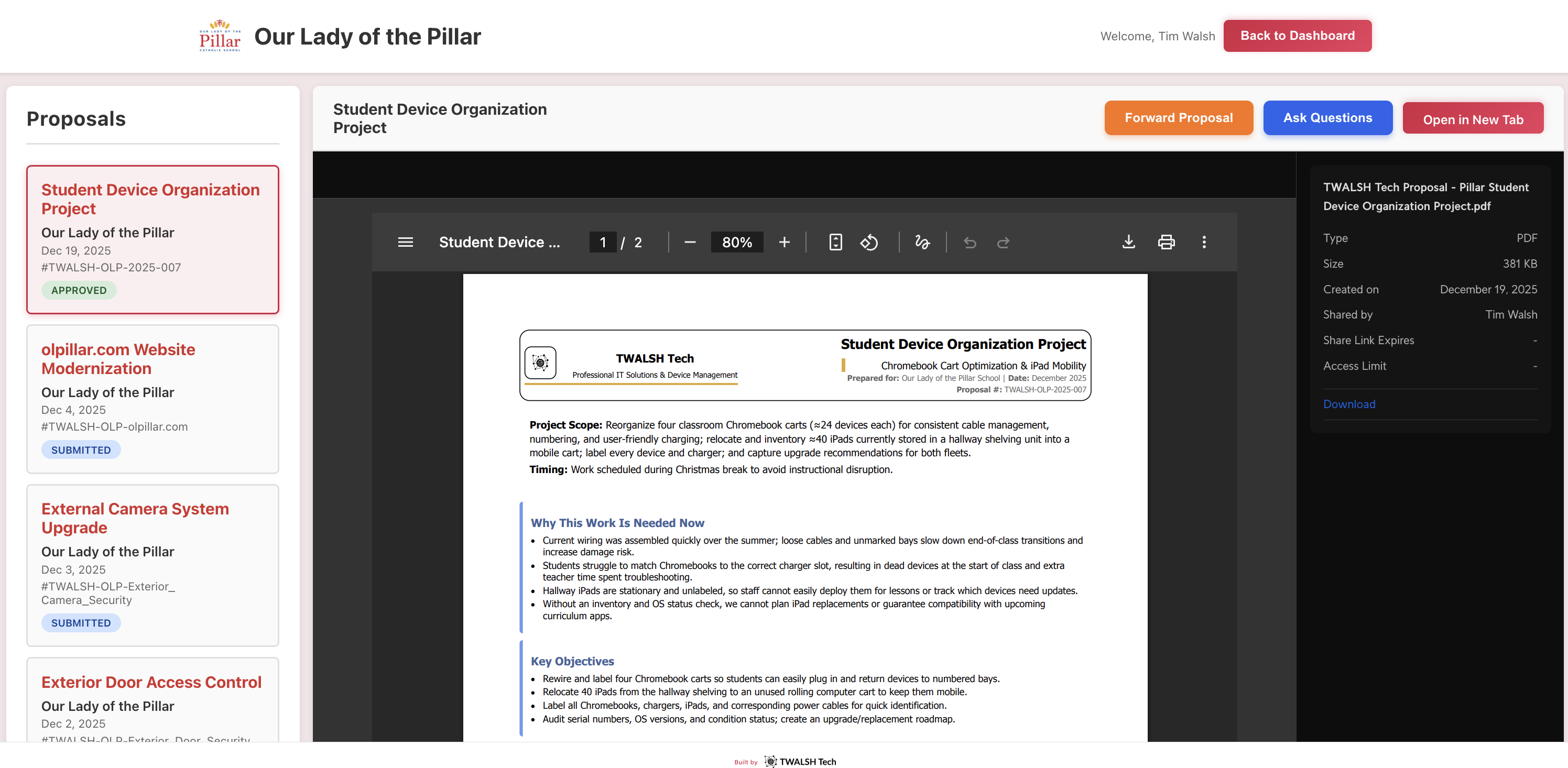 Client Portal proposal viewer showing PDF document with sidebar navigation and document controls
