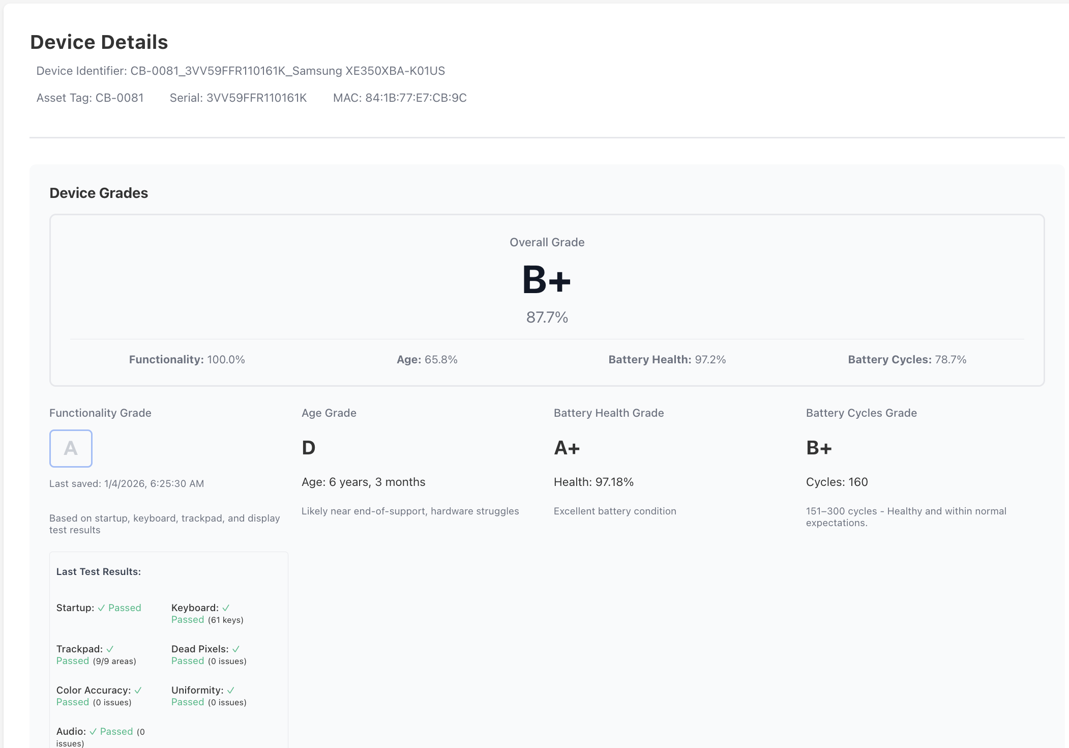 Device details page showing comprehensive device information, grades, and diagnostic test results