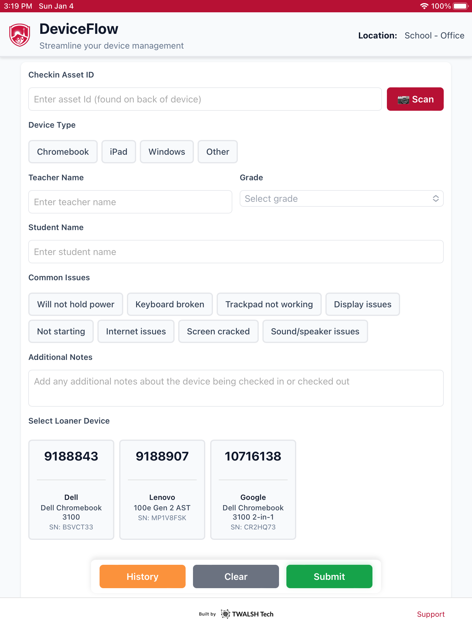 DeviceFlow checkout interface showing form fields and loaner device selection
