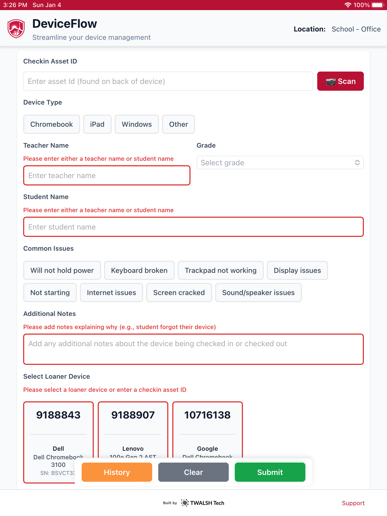 DeviceFlow checkout form with validation and device selection