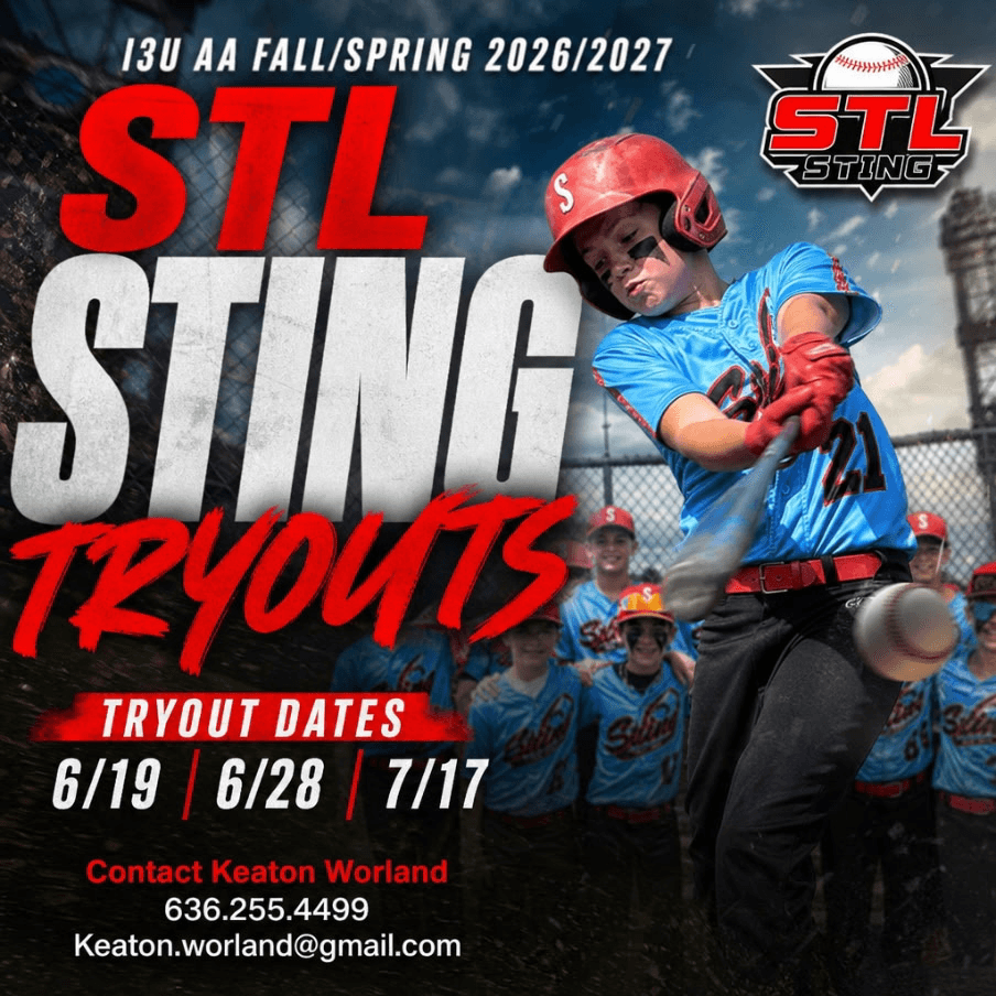 STL Sting website hero banner with tryout dates and registration call-to-action